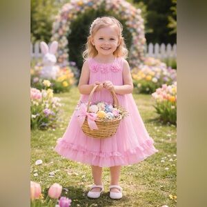 Gymboree 4T Pink Chiffon Pleated Dress Floral Appliqué Easter Wedding